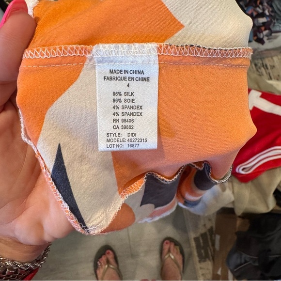Theory Silk Blend Knee Length Skirt Orange Navy & Cream Abstract Pattern Size 4 - Picture 5 of 6